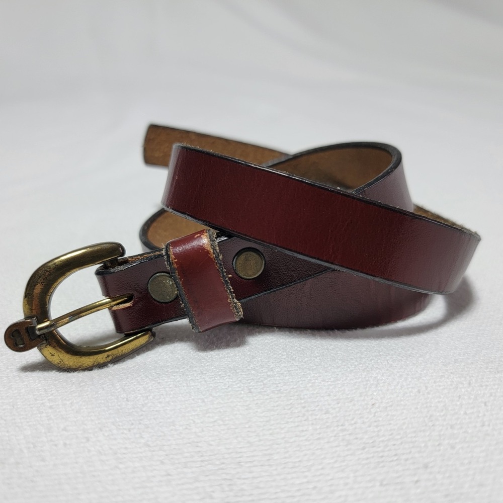 Vintage 90s Etienne Aigner Leather Belt Red Brown Dark-Gold Buckle Women 26/XS